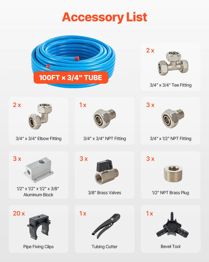 Air Compressor Line Kit 3/4'' x 100FT HDPE/Aluminum Air Piping System Blue
