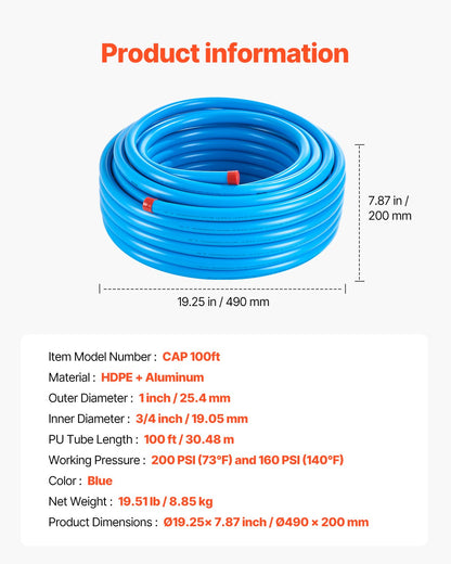 Air Compressor Line Kit 3/4'' x 100FT HDPE/Aluminum Air Piping System Blue