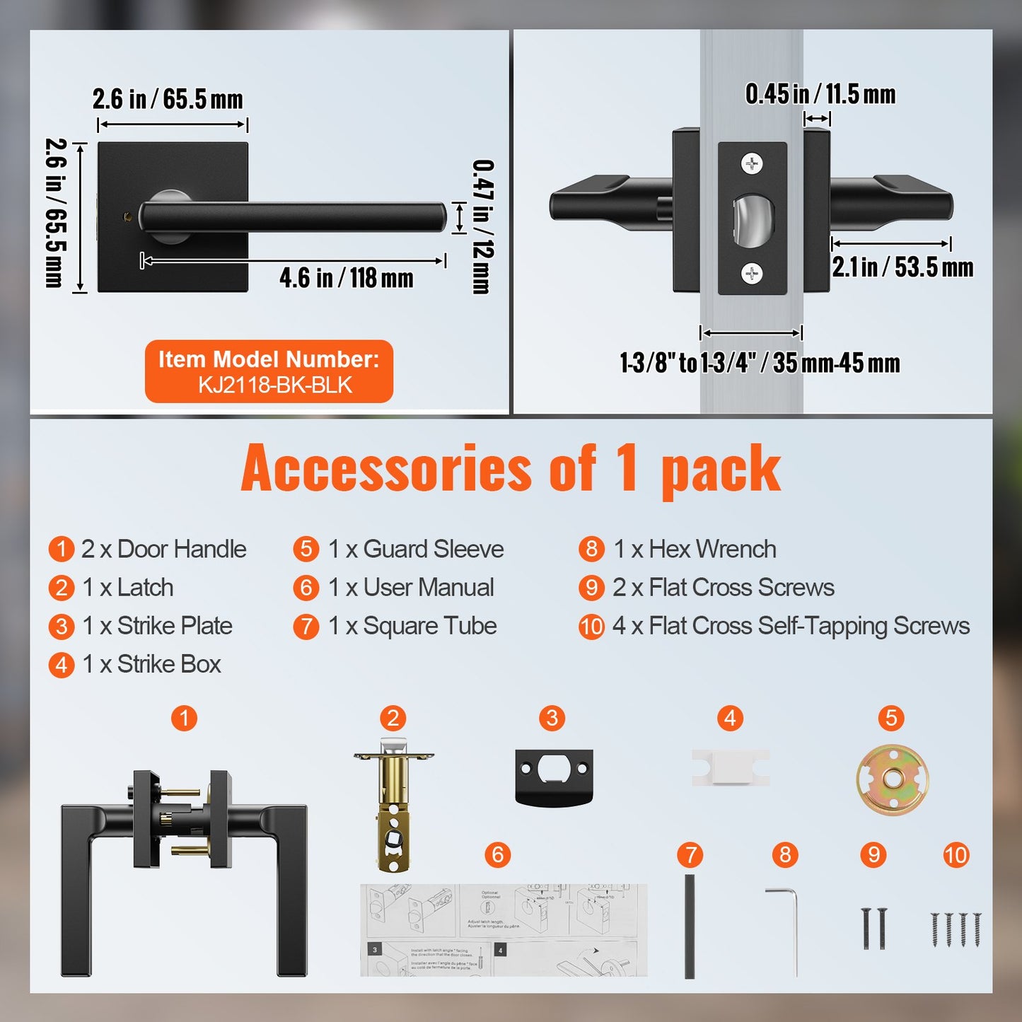 Privacy Door Handle 5 PCS Matte Black Square Door Lever Interior Turn Lever