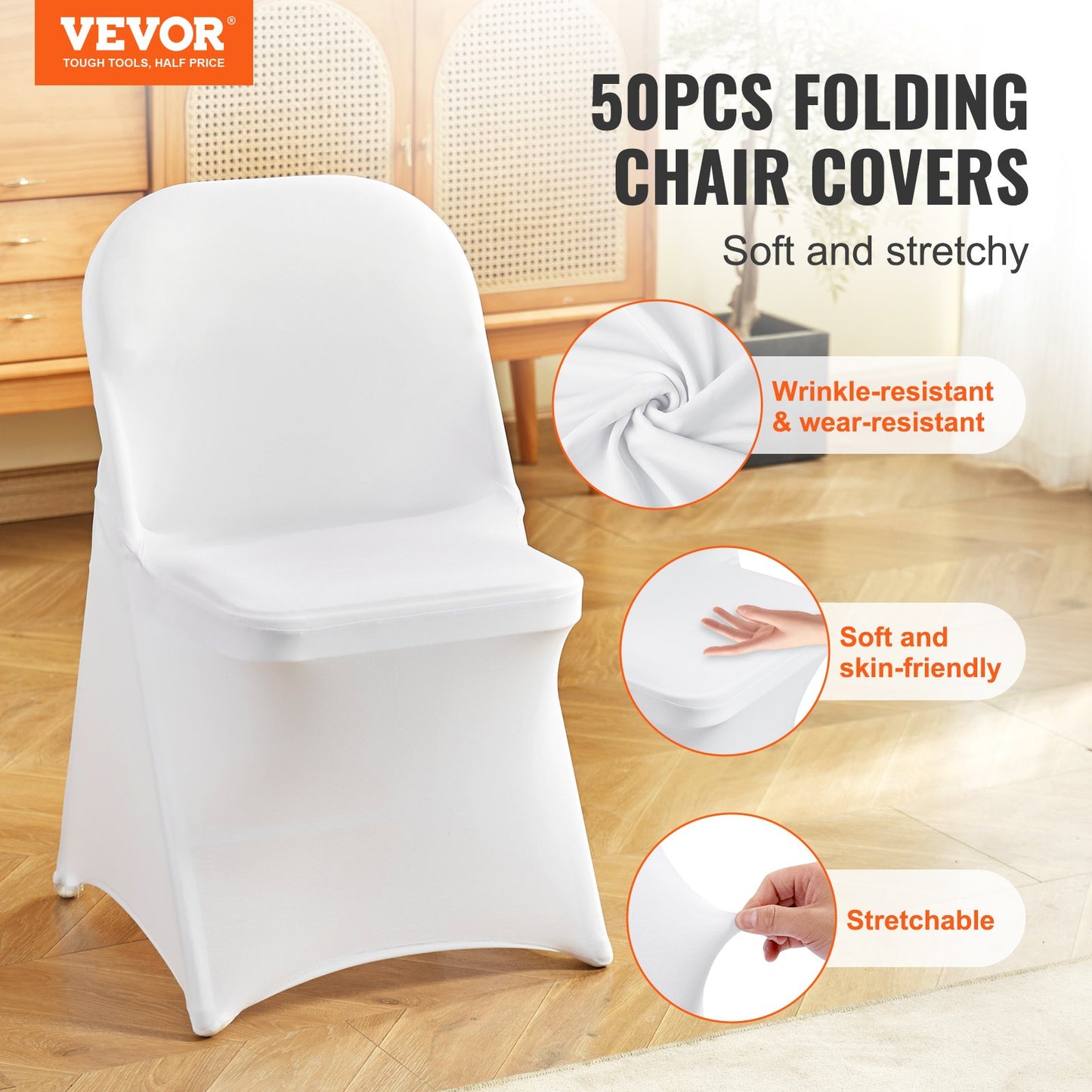 50PCS White Stretch Spandex Folding Chair Covers, Universal Fitted Chair Covers, Removable Washable Protective Covers, for Wedding, Holiday, Banquet, Party, Celebration, Dinner