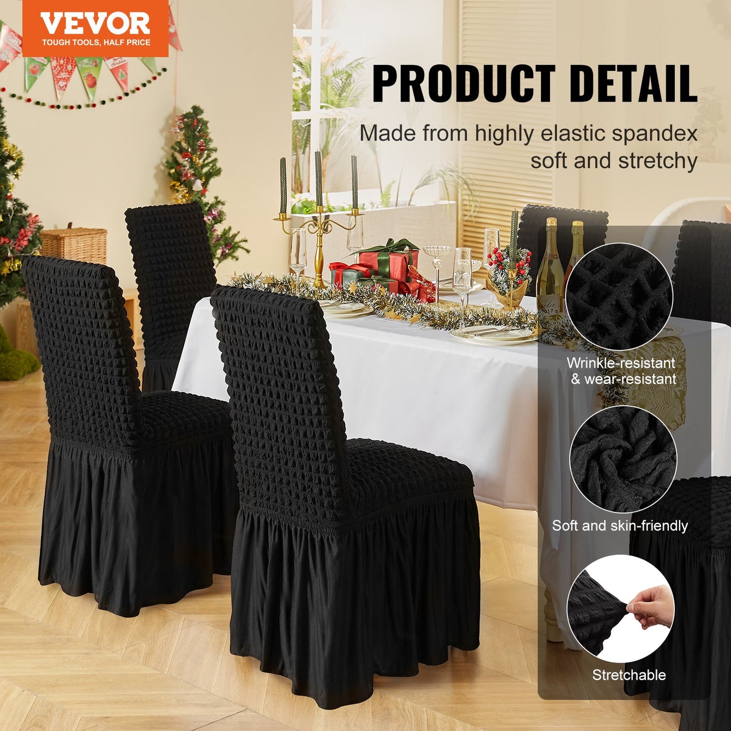 4 Stück schwarze Klappstuhlhussen aus elastischem Spandex, universell passender Stuhlbezug mit Rock, abnehmbare und waschbare Schutzhüllen, für Hochzeiten, Feiertage, Bankette, Partys, Feiern, Abendessen