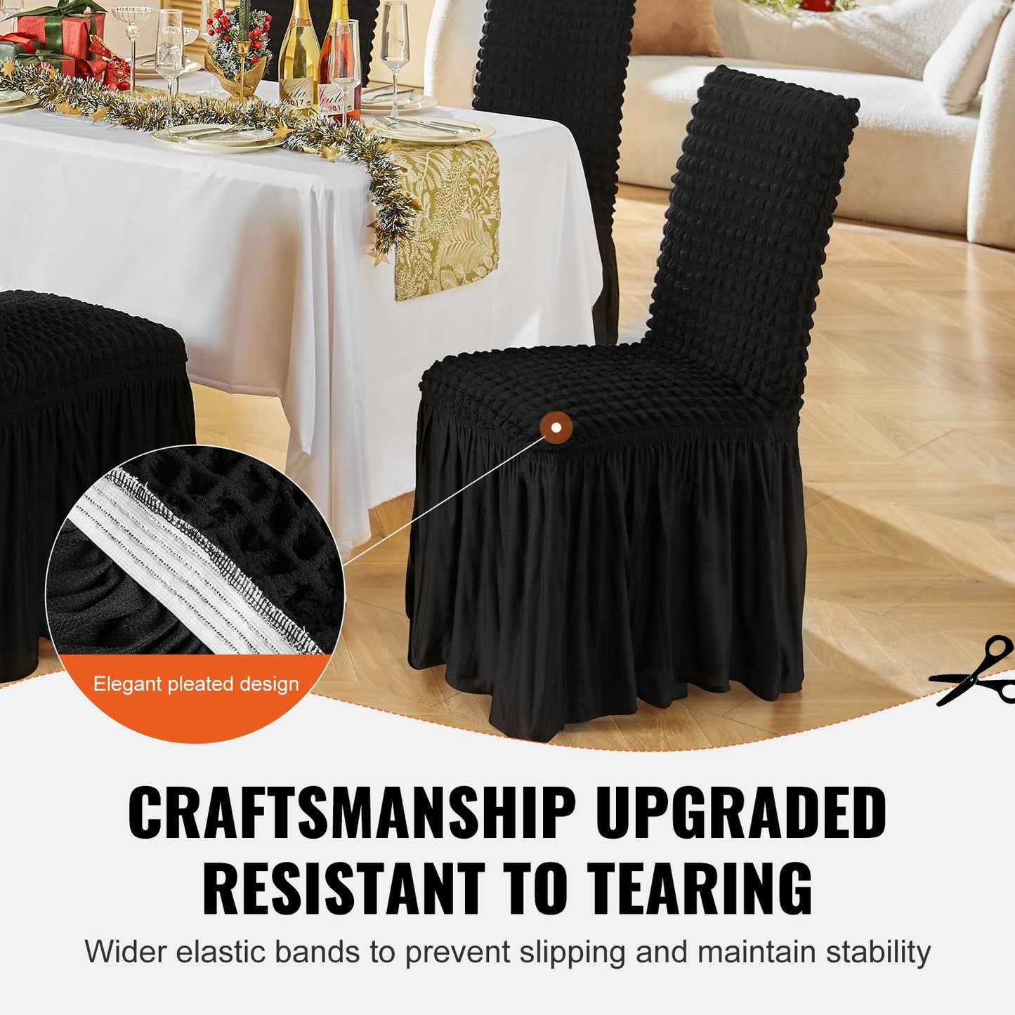 4 Stück schwarze Klappstuhlhussen aus elastischem Spandex, universell passender Stuhlbezug mit Rock, abnehmbare und waschbare Schutzhüllen, für Hochzeiten, Feiertage, Bankette, Partys, Feiern, Abendessen