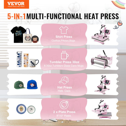 Heat Press Machine 12x15 i 5 i 1 med 30oz Tumbler Press T-shirts Rosa