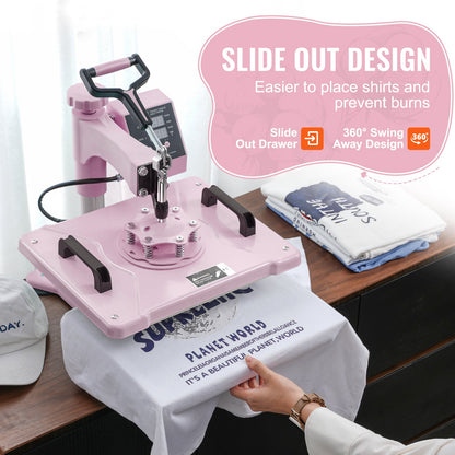 Heat Press Machine 12x15 i 5 i 1 med 30oz Tumbler Press T-shirts Rosa