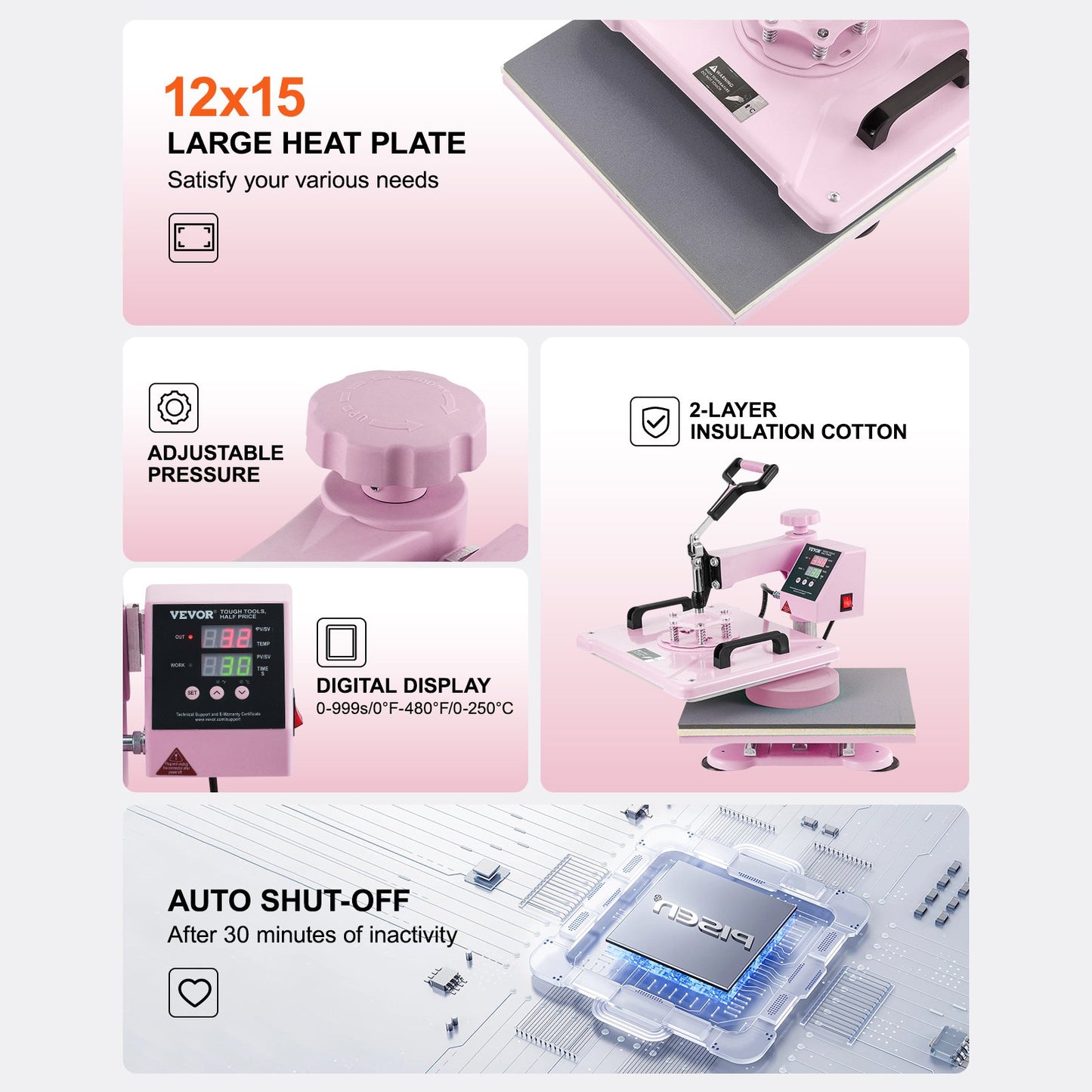 Heat Press Machine 12x15 i 5 i 1 med 30oz Tumbler Press T-shirts Rosa