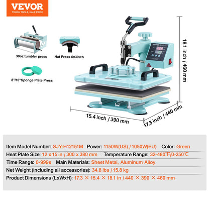 Heat Press Machine 12x15 i 5 i 1 med 30oz Tumbler Press T-shirts Grön