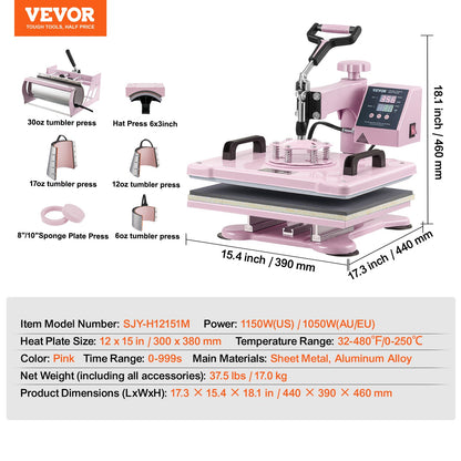 Heat Press Machine 12x15 i 8 i 1 med 30oz Tumbler Press T-shirts Rosa