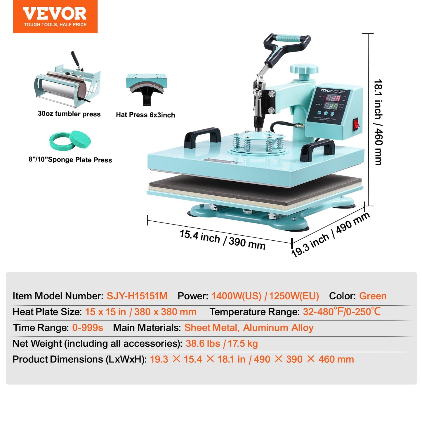 Heat Press Machine 15x15 i 5 i 1 med 30oz Tumbler Press T-shirts Grön