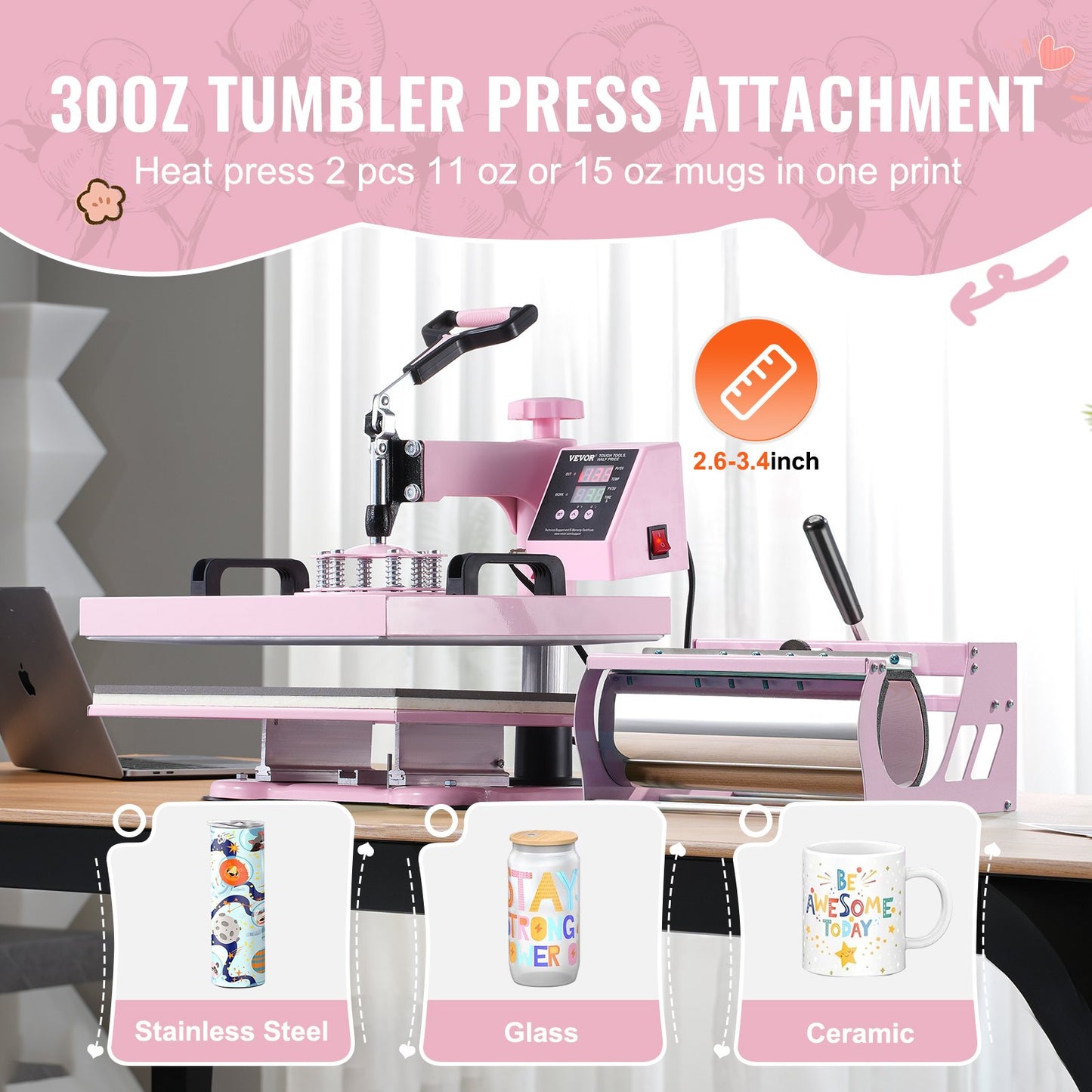 Heat Press Machine 15x15 i 5 i 1 med 30oz Tumbler Press T-shirts Rosa