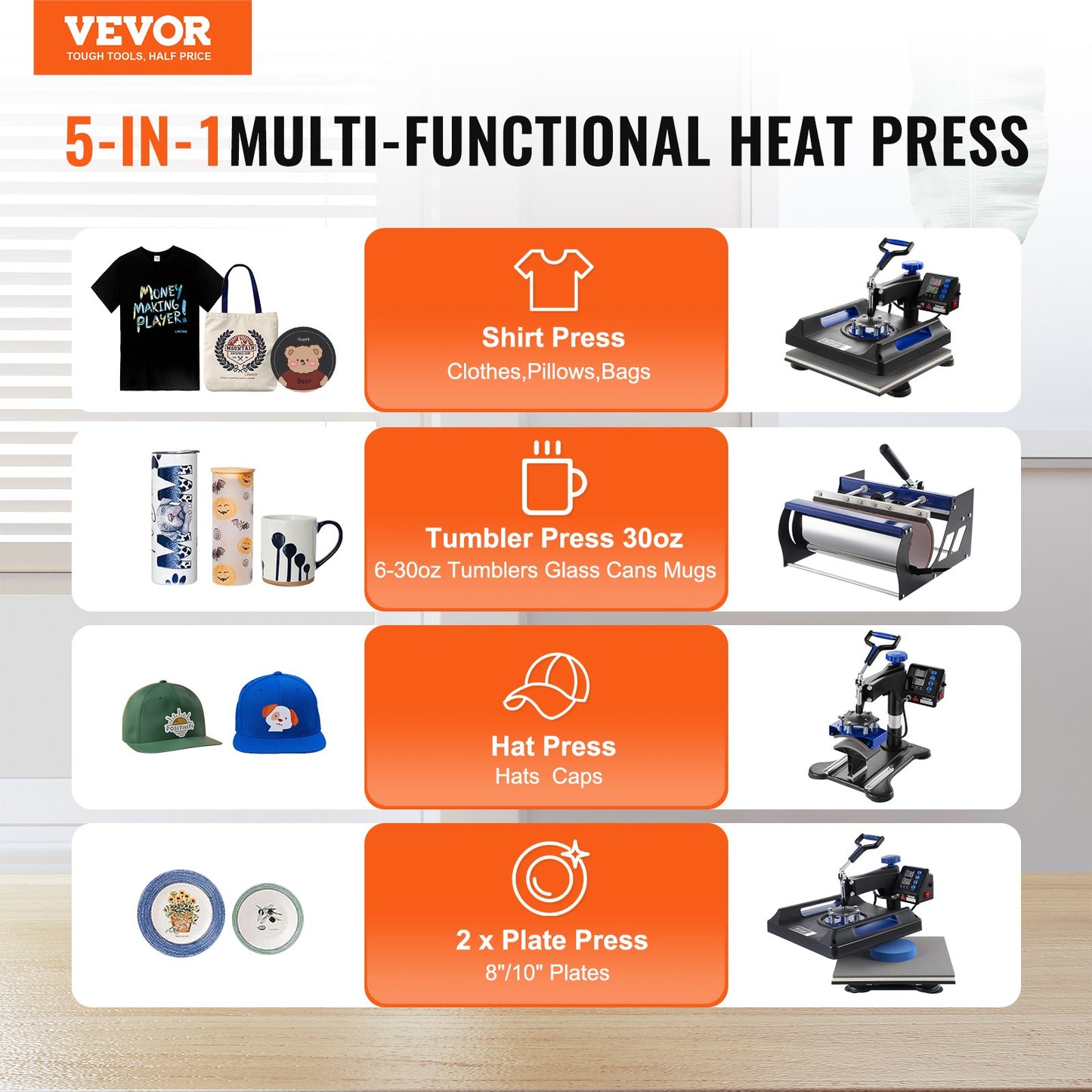 5 in 1 Heat Press Machine 15x15 in 30oz Tumbler Press T-shirts Svart+Blå