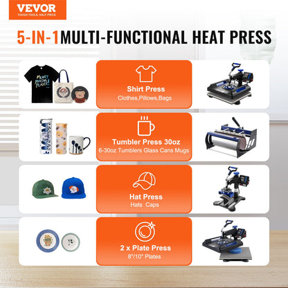 5 in 1 Heat Press Machine 15x15 in 30oz Tumbler Press T-shirts Svart+Blå