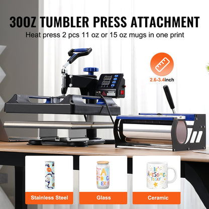 5 in 1 Heat Press Machine 15x15 in 30oz Tumbler Press T-shirts Svart+Blå