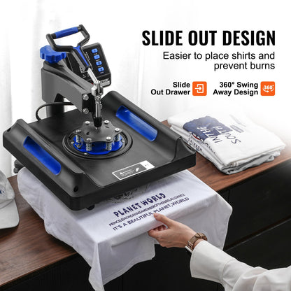 5 in 1 Heat Press Machine 15x15 in 30oz Tumbler Press T-shirts Svart+Blå