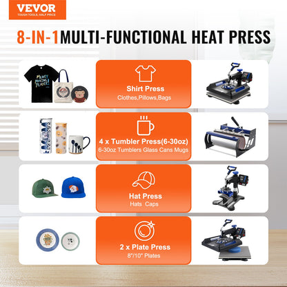 8 in 1 Heat Press Machine 15x15 in 30oz Tumbler Press T-shirts Svart+Blå