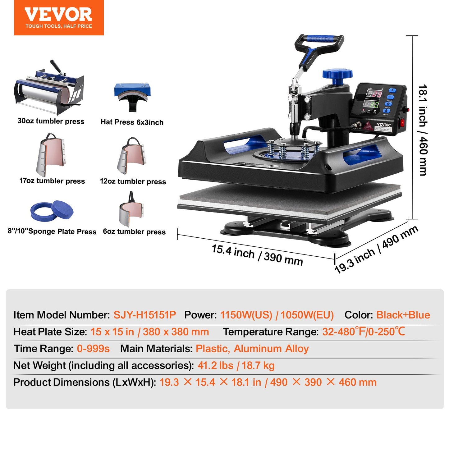 8 in 1 Heat Press Machine 15x15 in 30oz Tumbler Press T-shirts Svart+Blå