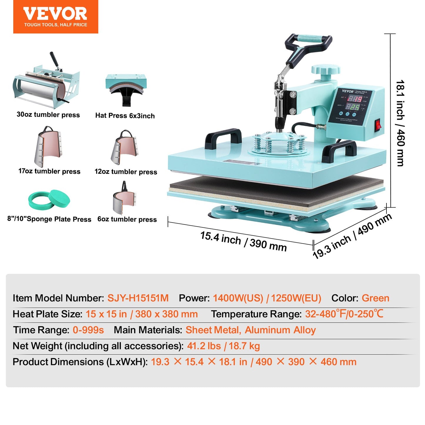Heat Press Machine 15x15 i 8 i 1 med 30oz Tumbler Press T-shirts Grön