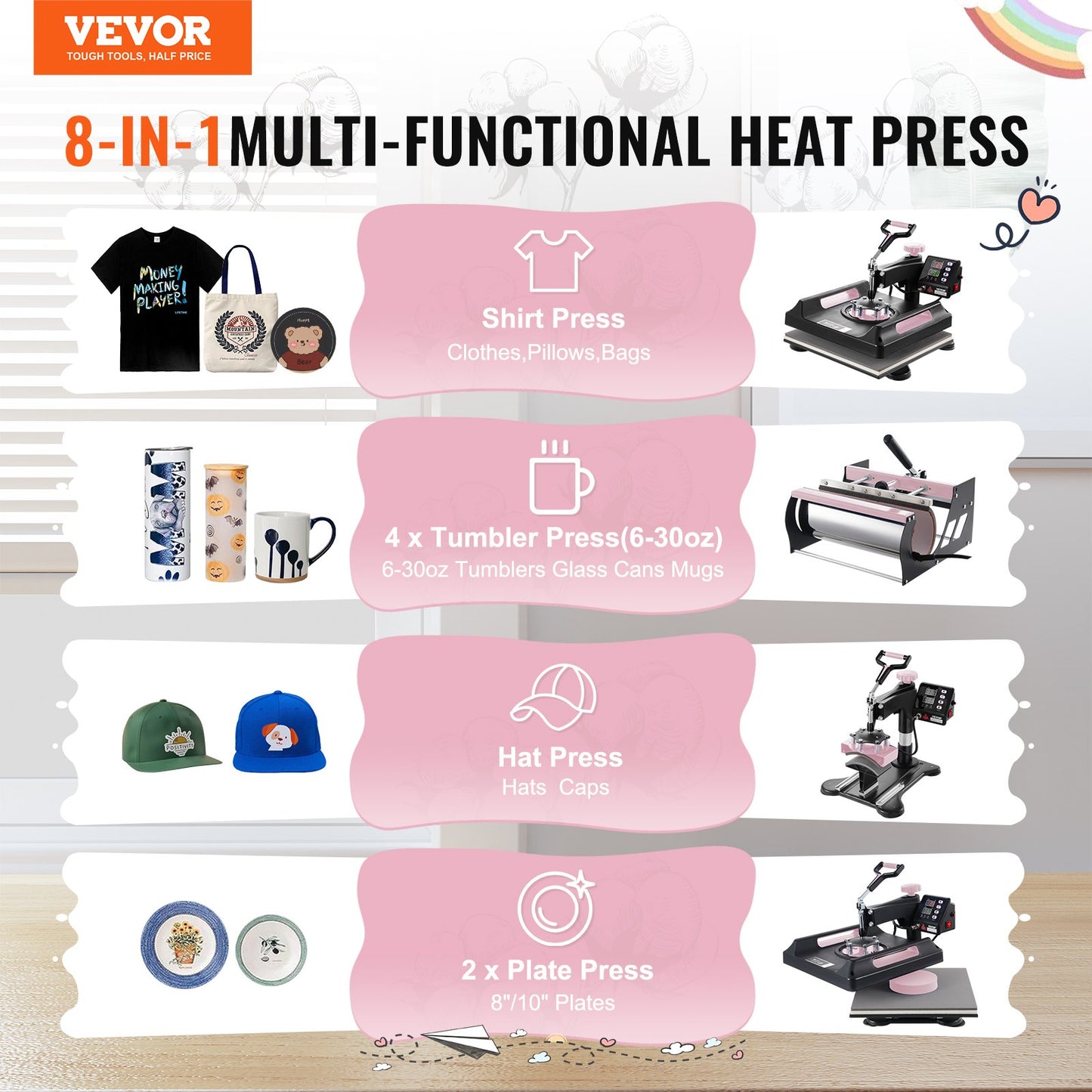 8 in 1 Heat Press Machine 15x15 in 30oz Tumbler Press T-shirts Svart