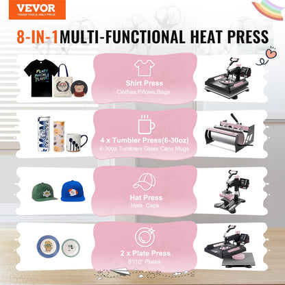 8 in 1 Heat Press Machine 15x15 in 30oz Tumbler Press T-shirts Svart