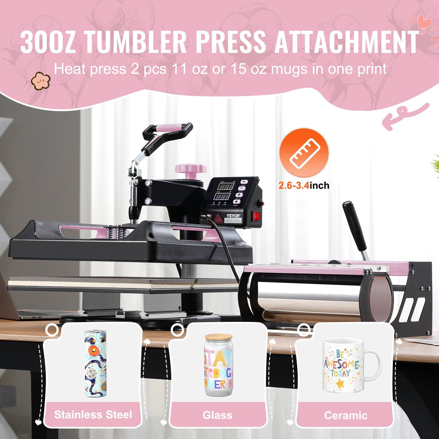 8 in 1 Heat Press Machine 15x15 in 30oz Tumbler Press T-shirts Svart