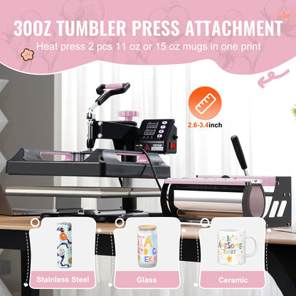 8 in 1 Heat Press Machine 15x15 in 30oz Tumbler Press T-shirts Svart