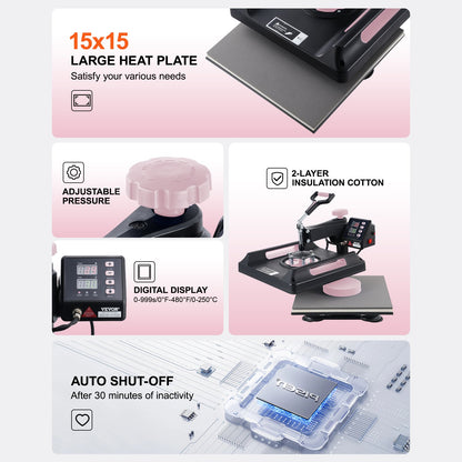 8 in 1 Heat Press Machine 15x15 in 30oz Tumbler Press T-shirts Svart
