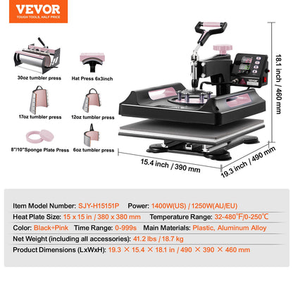 8 in 1 Heat Press Machine 15x15 in 30oz Tumbler Press T-shirts Svart