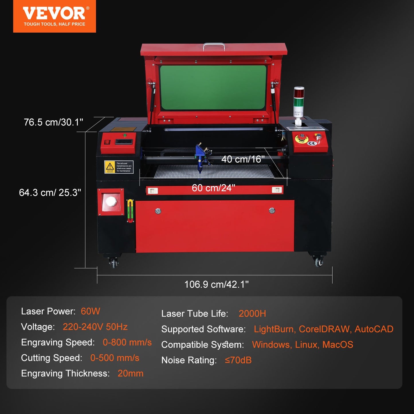 60W CO2 Lasergravör Gravyr Carving Print Machine 400x600 mm Arbetsbädd