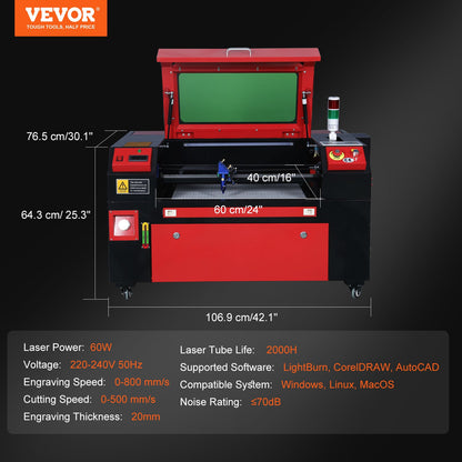 60W CO2 Lasergravör Gravyr Carving Print Machine 400x600 mm Arbetsbädd