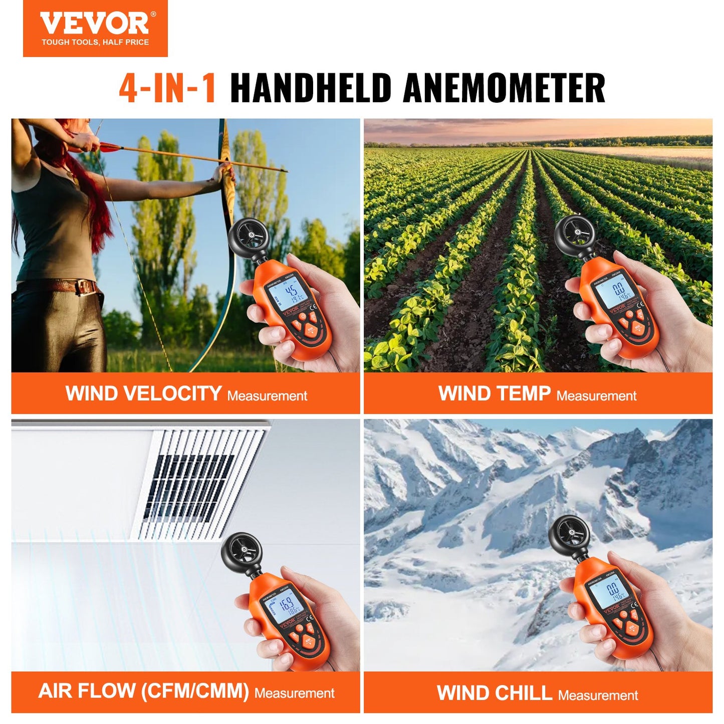 Handhållen anemometer, 14℉-113℉, Digital vindhastighetsmätare med LED-bakgrundsbelysningsskärm, Mäter vindhastighet Vindtemperatur Luftflöde Vindavkylning, för segling Surfing Drone Flygande HVAC
