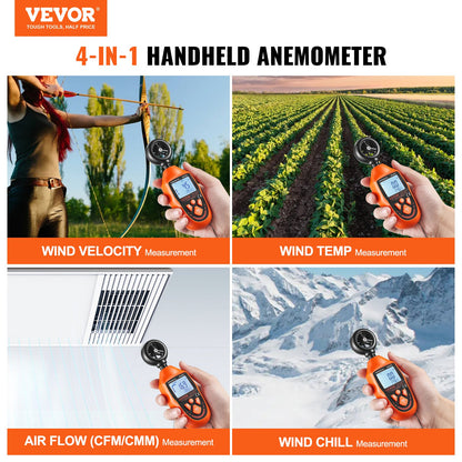 Handhållen anemometer, 14℉-113℉, Digital vindhastighetsmätare med LED-bakgrundsbelysningsskärm, Mäter vindhastighet Vindtemperatur Luftflöde Vindavkylning, för segling Surfing Drone Flygande HVAC