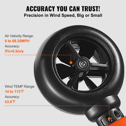Handhållen anemometer, 14℉-113℉, Digital vindhastighetsmätare med LED-bakgrundsbelysningsskärm, Mäter vindhastighet Vindtemperatur Luftflöde Vindavkylning, för segling Surfing Drone Flygande HVAC