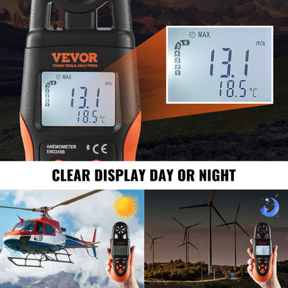 Bluetooth Handheld Anemometer, 14℉-140℉, Digital Wind Speed Meter with LED Backlight Display, Measures Wind Speed Wind Temperature Air Flow Wind Cooling, for Surfing Drone Flying HVAC