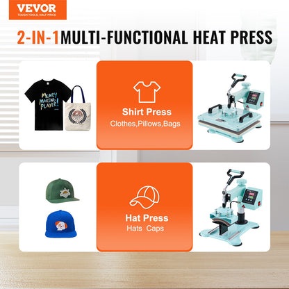 Heat Press Machine 12x15 in 2 in 1 Heat Transfer Machine for T-Shirts Hats