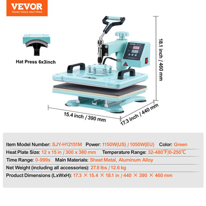 Heat Press Machine 12x15 in 2 in 1 Heat Transfer Machine for T-Shirts Hats