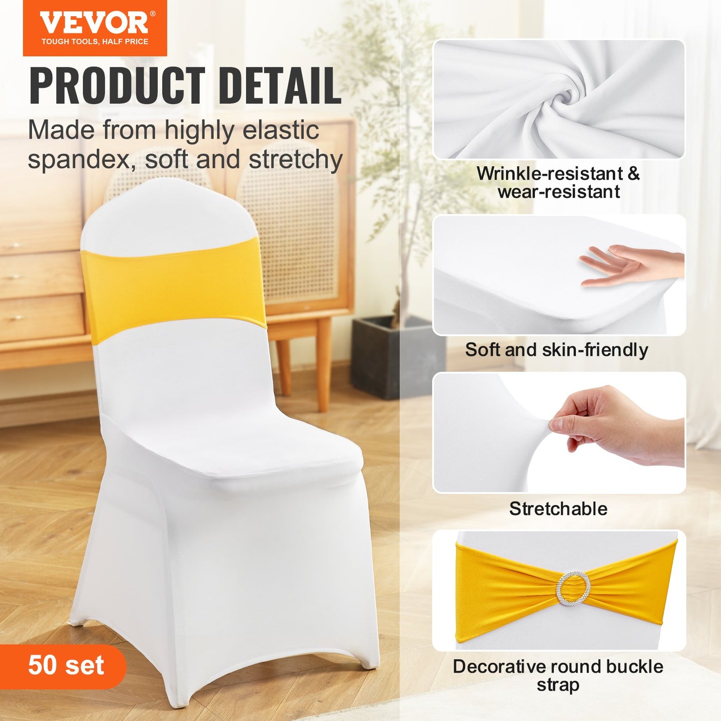 50 Sets Stretch Spandex Folding Chair Covers, Universal Fitted Chair Covers with Chair Bows, Removable Washable Protective Covers, for Wedding, Holiday, Banquet, Party, Dinner (50 Sets Gold and White)