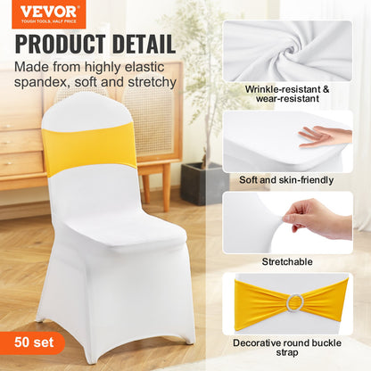 50 Sets Stretch Spandex Folding Chair Covers, Universal Fitted Chair Covers with Chair Bows, Removable Washable Protective Covers, for Wedding, Holiday, Banquet, Party, Dinner (50 Sets Gold and White)
