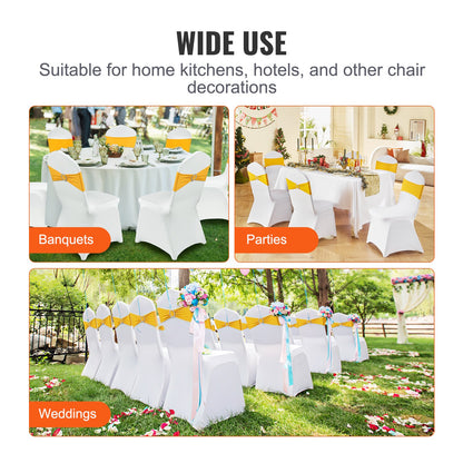 50 Sets Stretch Spandex Folding Chair Covers, Universal Fitted Chair Covers with Chair Bows, Removable Washable Protective Covers, for Wedding, Holiday, Banquet, Party, Dinner (50 Sets Gold and White)