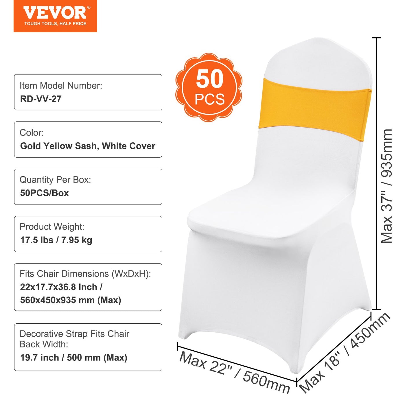 50 Sets Stretch Spandex Folding Chair Covers, Universal Fitted Chair Covers with Chair Bows, Removable Washable Protective Covers, for Wedding, Holiday, Banquet, Party, Dinner (50 Sets Gold and White)