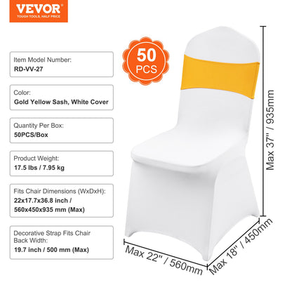 50 Sets Stretch Spandex Folding Chair Covers, Universal Fitted Chair Covers with Chair Bows, Removable Washable Protective Covers, for Wedding, Holiday, Banquet, Party, Dinner (50 Sets Gold and White)