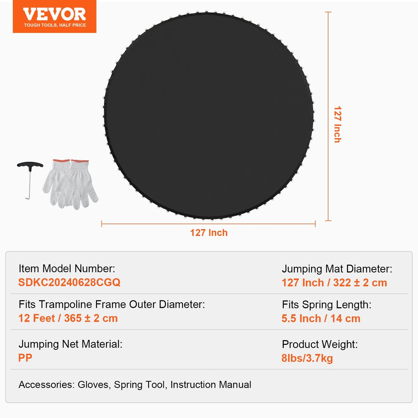 Ersättningsstudsmatta passar 12 fot ram 72 V-ringar 5,5" fjäderlängd