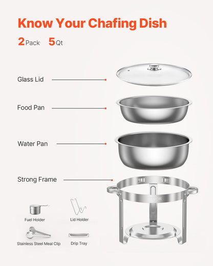 5 Qt 2-Pack Round Chafing Dishes Buffet Set Full Size Pan Stainless Steel