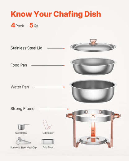 5 Qt 4-Pack Round Chafing Dishes Buffet Set Full Size Pan Stainless Steel