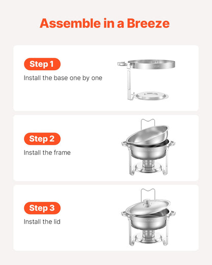 5 Qt 4-Pack Round Chafing Dishes Buffet Set Full Size Pan Stainless Steel