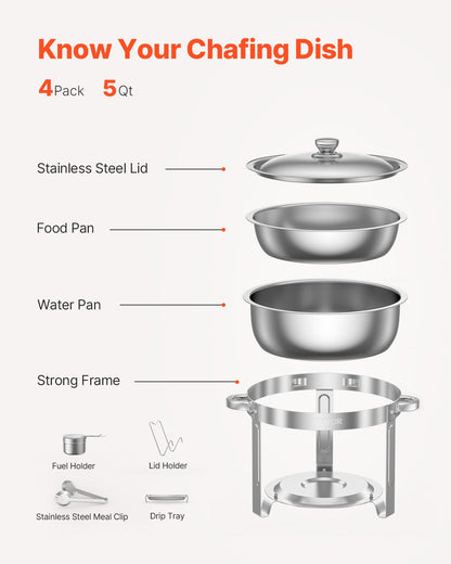 5 Qt 4-Pack Round Chafing Dishes Buffet Set Full Size Pan Stainless Steel