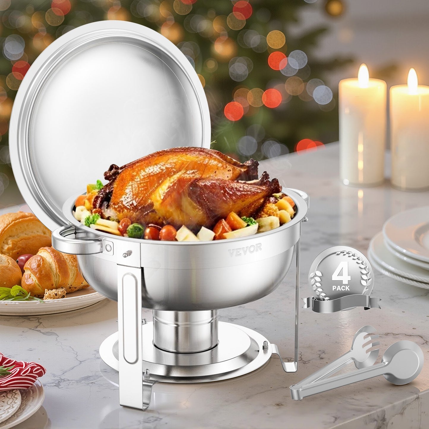 5 Qt 4-Pack Round Chafing Dishes Buffet Set Full Size Pan Stainless Steel