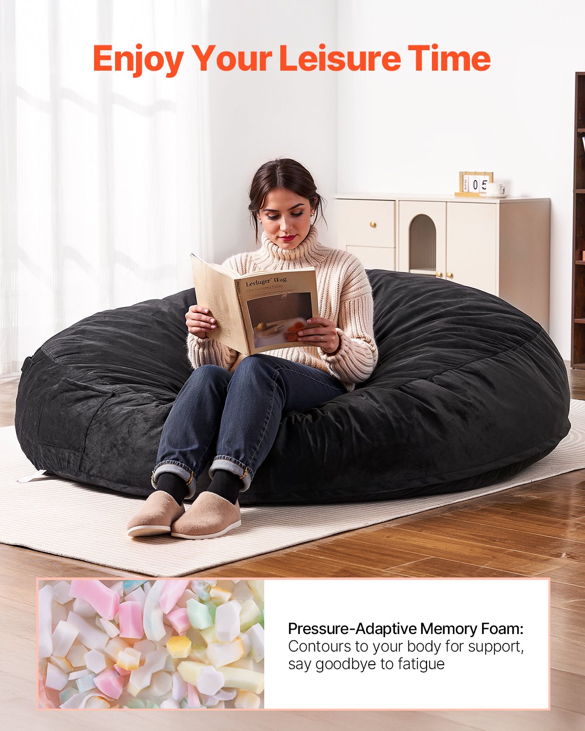 Round Bean Bag Stol med avtagbart och tvättbart överdrag för Adult Giant Black