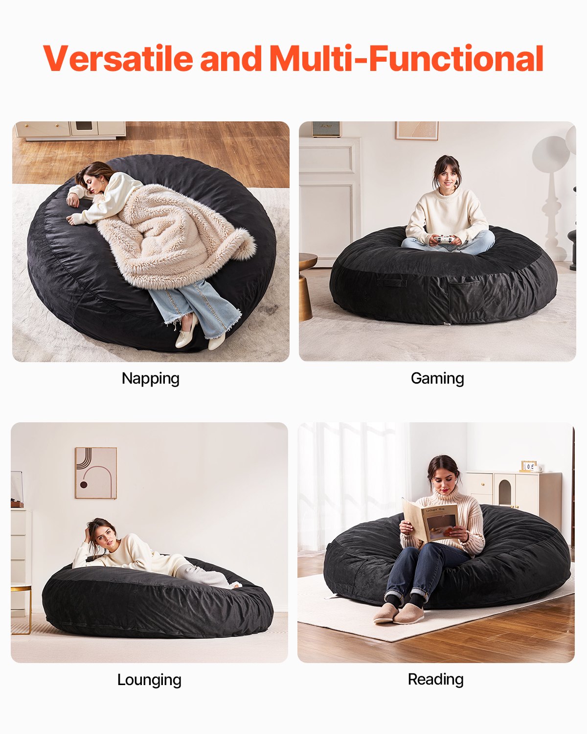 Round Bean Bag Stol med avtagbart och tvättbart överdrag för Adult Giant Black