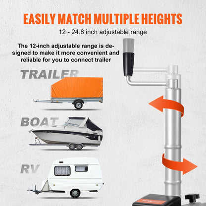 Electric Trailer Dolly, 5000lbs dragkapacitet, 350W 12V Trailer Jockey Wheel med 22 ft/min rörelsehastighet, 12''-24,8'' Justerbar klämhöjd & 8'' gummidäck, för flyttsläp husvagnsbåt