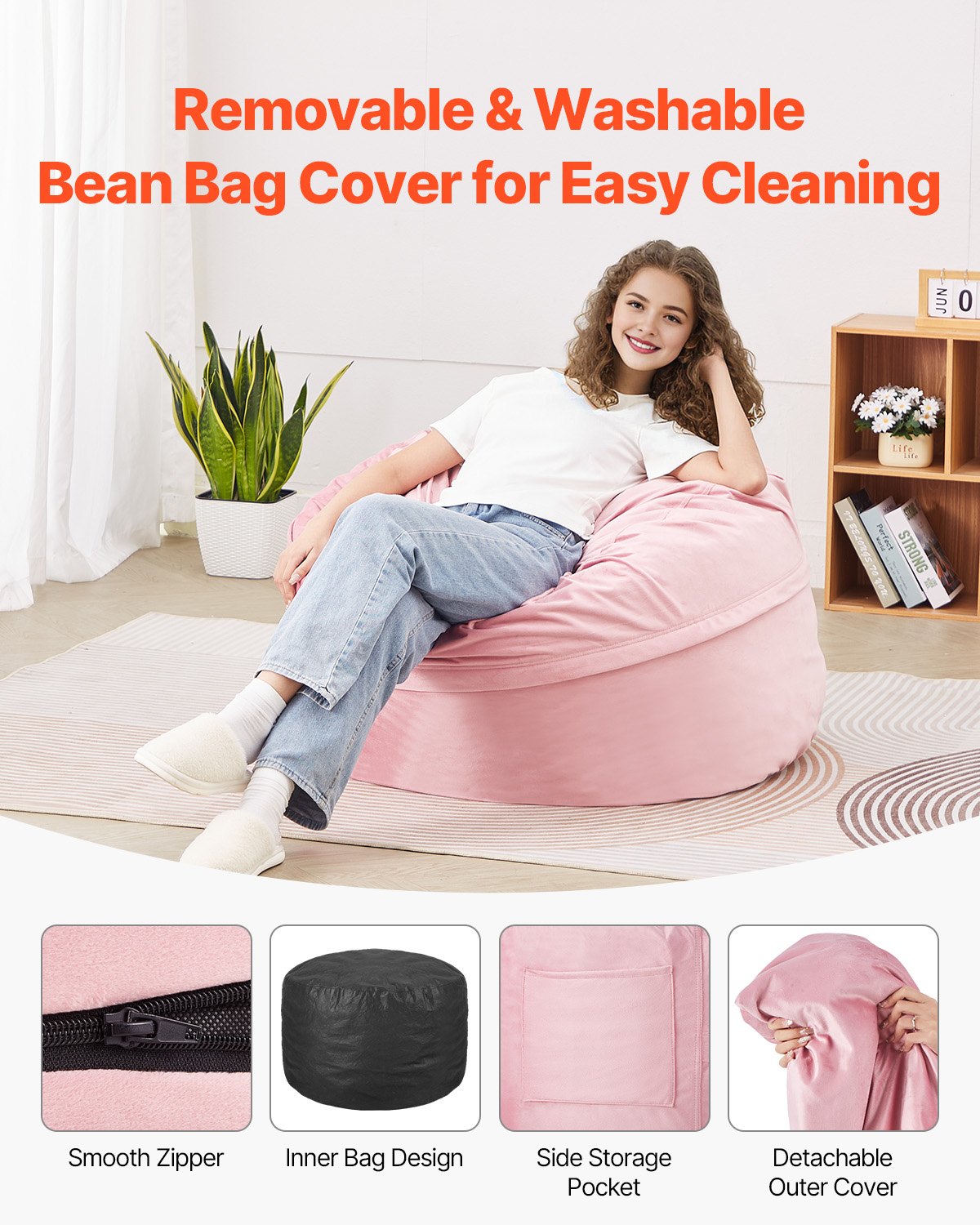 Runder Sitzsack mit abnehmbarem Bezug, 91 cm, Dutch Velvet Pink