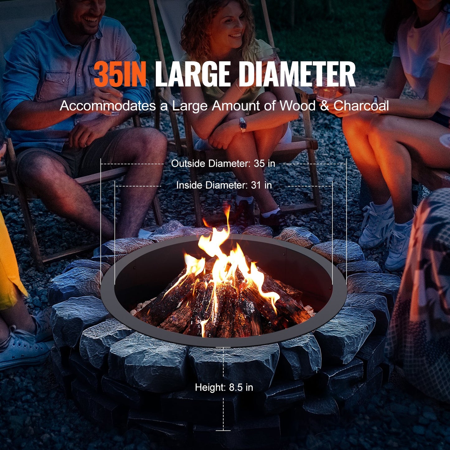 Fire Pit Ring Rund 35 tums yttre stålfoder DIY Campfire Ring Firepit